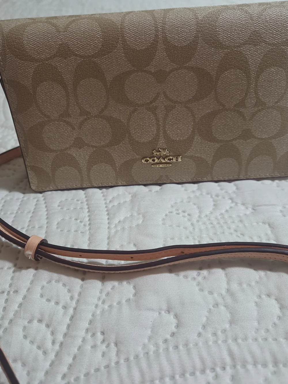 Coach Signature Canvas Crossbody with Tan Logo and Pink Strap